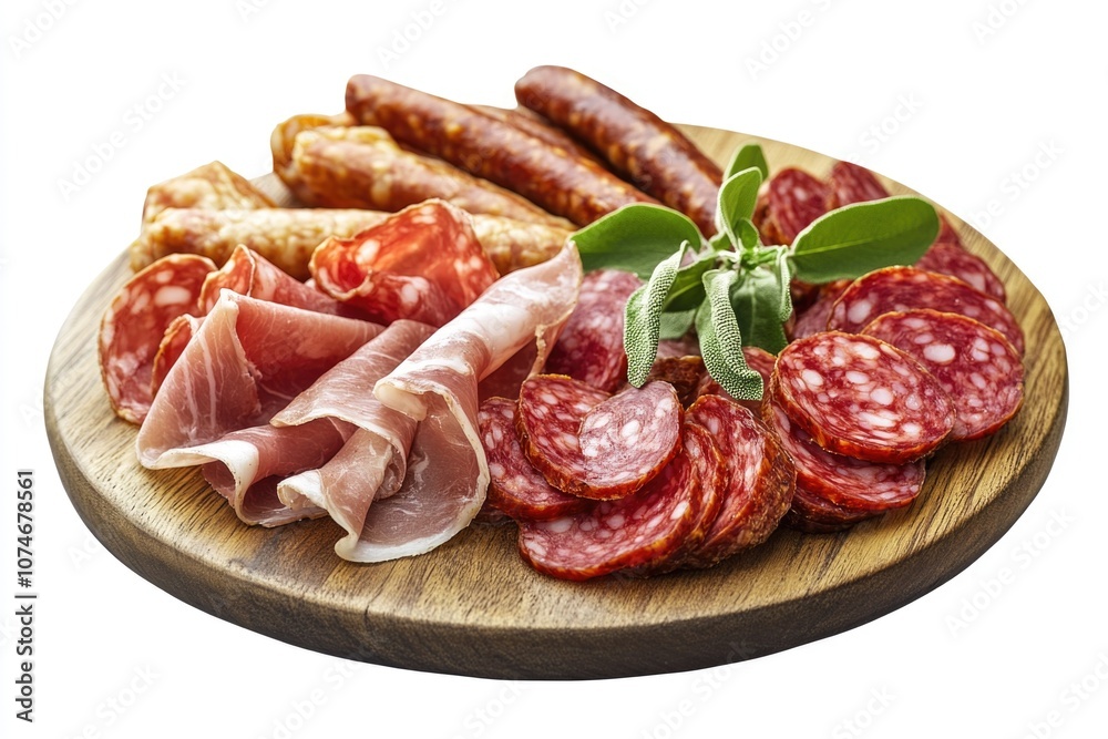 A wooden cutting board with a variety of cured meats arranged in rows. A wooden cutting board with a variety of cured meats arranged in rows.