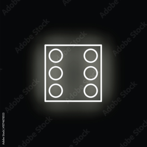 White neon icon of a blister pack with pills glowing on a black background