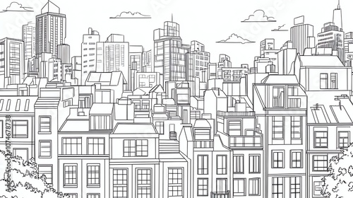 A line drawing of a city skyline with tall buildings and trees in the foreground.