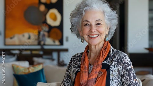 A smiling, older woman with gray hair and a bright orange scarf, wearing a black and white patterned blouse, stands in front of a blurred background.
