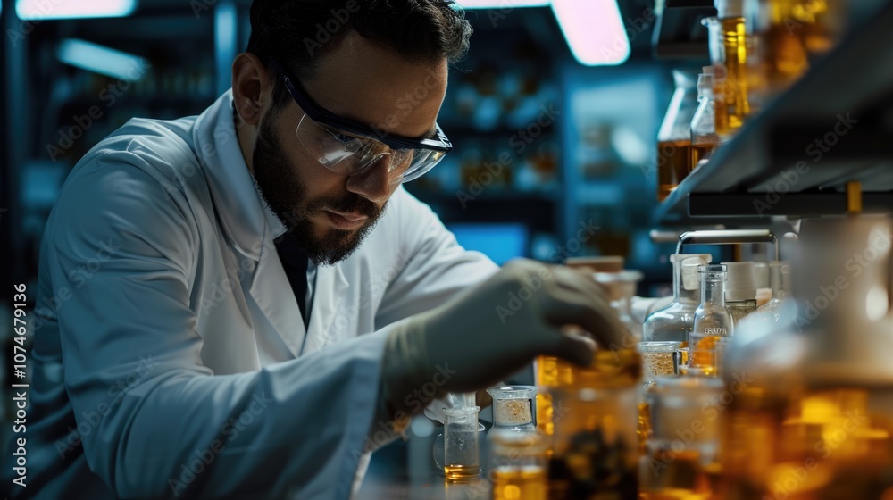 A scientist conducting research in a laboratory. The man is wearing safety goggles and analyzing chemical samples. A scientist conducting research in a laboratory. The man is wearing safety goggles and analyzing chemical samples.