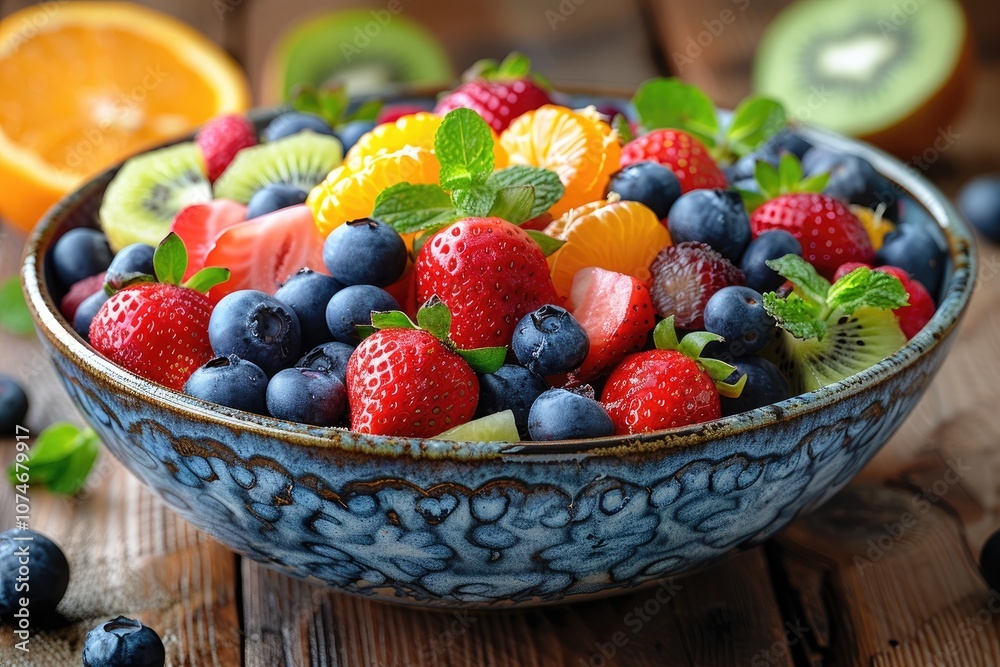 A Bowl of Fresh Fruit Salad with Strawberries, Blueberries, Kiwi, and Tangerines A Bowl of Fresh Fruit Salad with Strawberries, Blueberries, Kiwi, and Tangerines