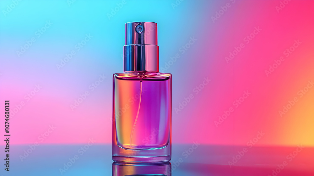 Glass Perfume Bottle with Spray Nozzle on a Pink and Blue Gradient Background - Still Life Photo Glass Perfume Bottle with Spray Nozzle on a Pink and Blue Gradient Background - Still Life Photo