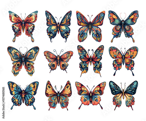 Boho butterflies cartoon vector set. Winged soaring motley moths spotted flying insects, prints tattoo graphic decorative designs, isolated illustrations on white background