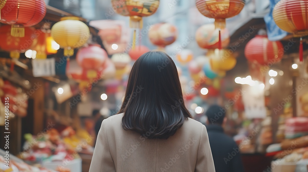A woman with long black hair walks through a bustling street market, passing under colorful paper lanterns, creating a festive and vibrant atmosphere. A woman with long black hair walks through a bustling street market, passing under colorful paper lanterns, creating a festive and vibrant atmosphere.