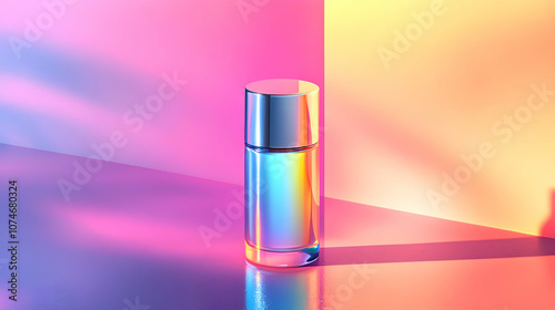 Holographic Glass Bottle on Colorful Gradient Background - 3D Illustration