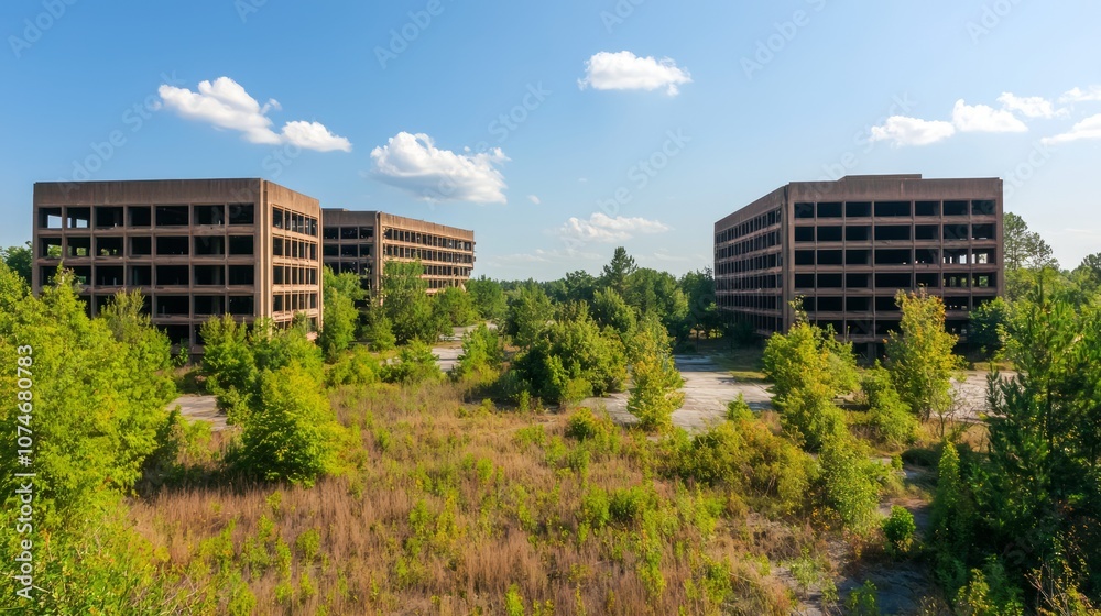 Haunting Silence of Economic Decline - Ultra-Detailed Panoramic View of Abandoned Office Park with Overgrown Landscaping Haunting Silence of Economic Decline - Ultra-Detailed Panoramic View of Abandoned Office Park with Overgrown Landscaping