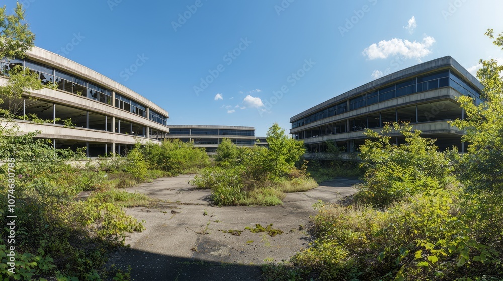 Desolate Echoes: Haunting Panoramic View of Abandoned Office Park in Economic Decline. Desolate Echoes: Haunting Panoramic View of Abandoned Office Park in Economic Decline.