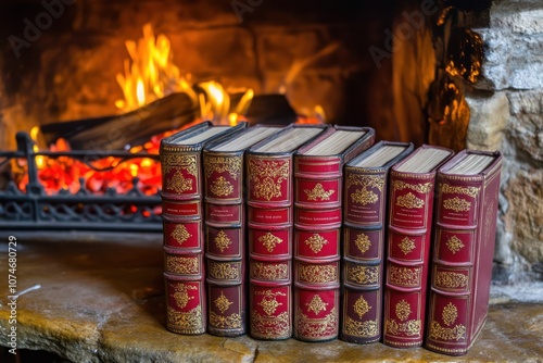 A collection of vintage books arranged near a cozy fireplace. photo