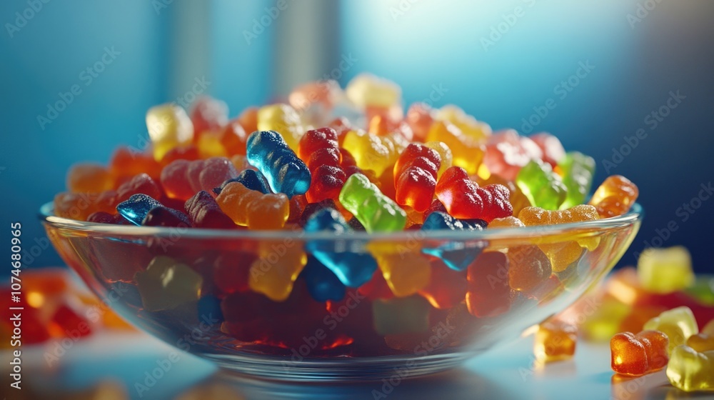 A bowl of multicolored gummy bears in focus, ready to be enjoyed. A bowl of multicolored gummy bears in focus, ready to be enjoyed.