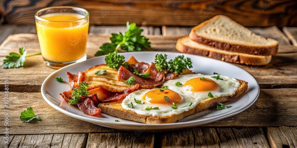 A hearty breakfast with two sunny-side-up eggs, crispy bacon, and toasted bread, garnished with fresh parsley, served on a white plate. A hearty breakfast with two sunny-side-up eggs, crispy bacon, and toasted bread, garnished with fresh parsley, served on a white plate.