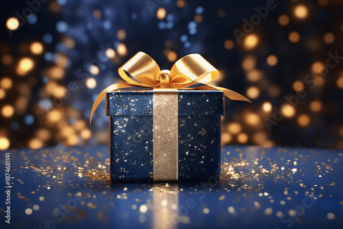 Abstract Christmas gift boxes with blue and gold glitter and gold bokeh