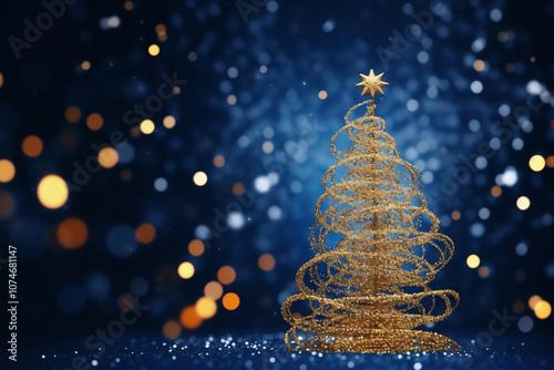 Abstract Christmas tree with blue and gold glitter and gold bokeh