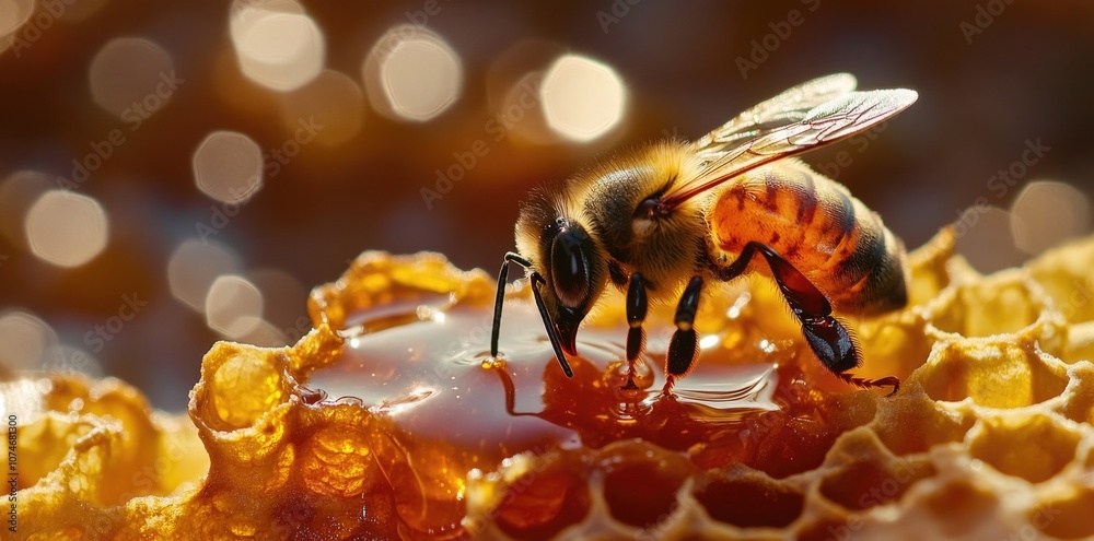 A bee working on a honeycomb with dripping golden amber honey. A bee working on a honeycomb with dripping golden amber honey.