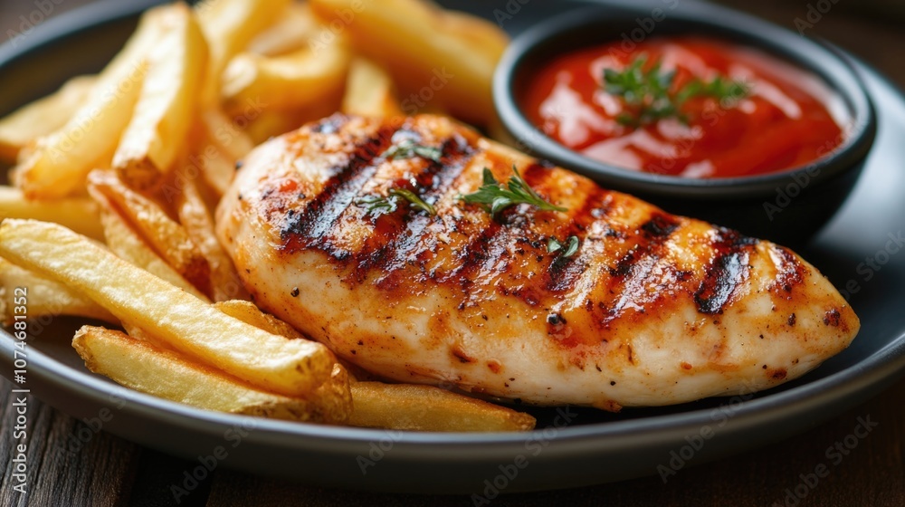 A grilled chicken fillet with fries and tomato sauce on a plate. A grilled chicken fillet with fries and tomato sauce on a plate.