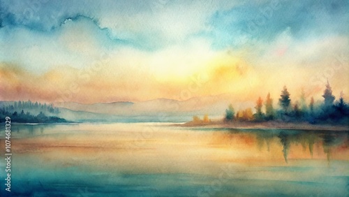 Tranquil Watercolor Landscape Depicting a Serene Lake with a Misty Silhouette of a Forest in the Background, Bathed in the Golden Hues of a Sunset