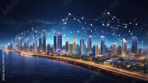 Concept of a wireless network and connection technology with an abstract background of Bangkok