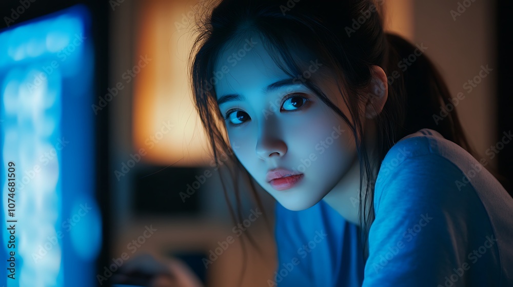 A young woman with dark hair and a blue shirt stares intently at a computer screen, the blue light reflecting on her face. A young woman with dark hair and a blue shirt stares intently at a computer screen, the blue light reflecting on her face.