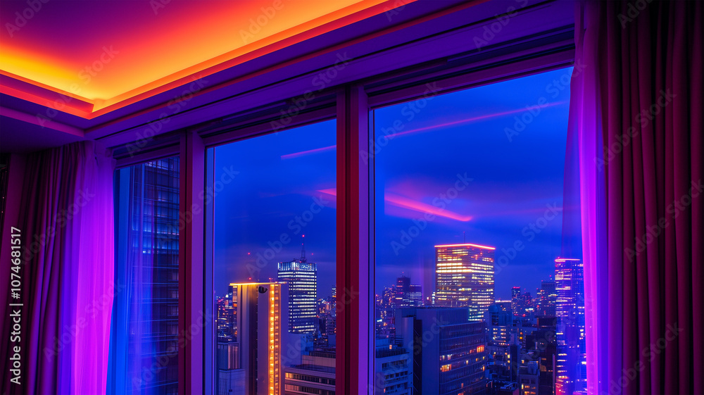 窓から眺める秋の夜の新宿のネオン風景 窓から眺める秋の夜の新宿のネオン風景