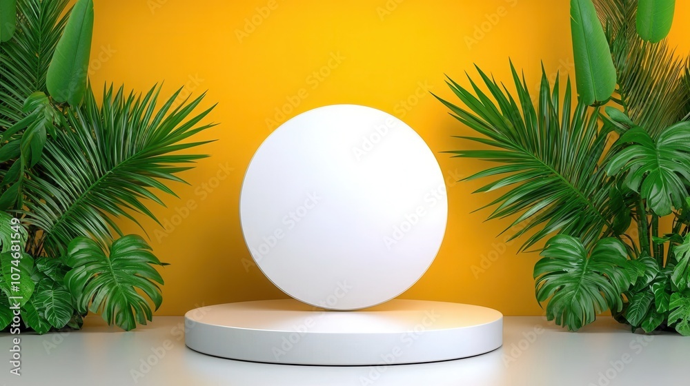 Modern Minimalist Scene with White Sphere on Round Pedestal Surrounded by Lush Green Plants and Vibrant Yellow Background for Artistic Display Modern Minimalist Scene with White Sphere on Round Pedestal Surrounded by Lush Green Plants and Vibrant Yellow Background for Artistic Display