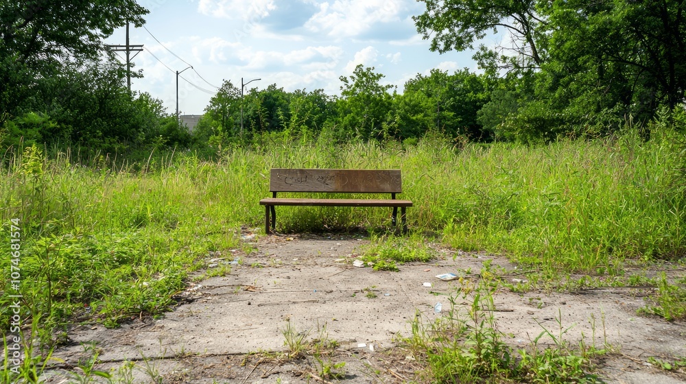 Neglected City Park: Lone Bench Amid Overgrown Grass and Litter - Symbolizing Abandonment and Decay Neglected City Park: Lone Bench Amid Overgrown Grass and Litter - Symbolizing Abandonment and Decay
