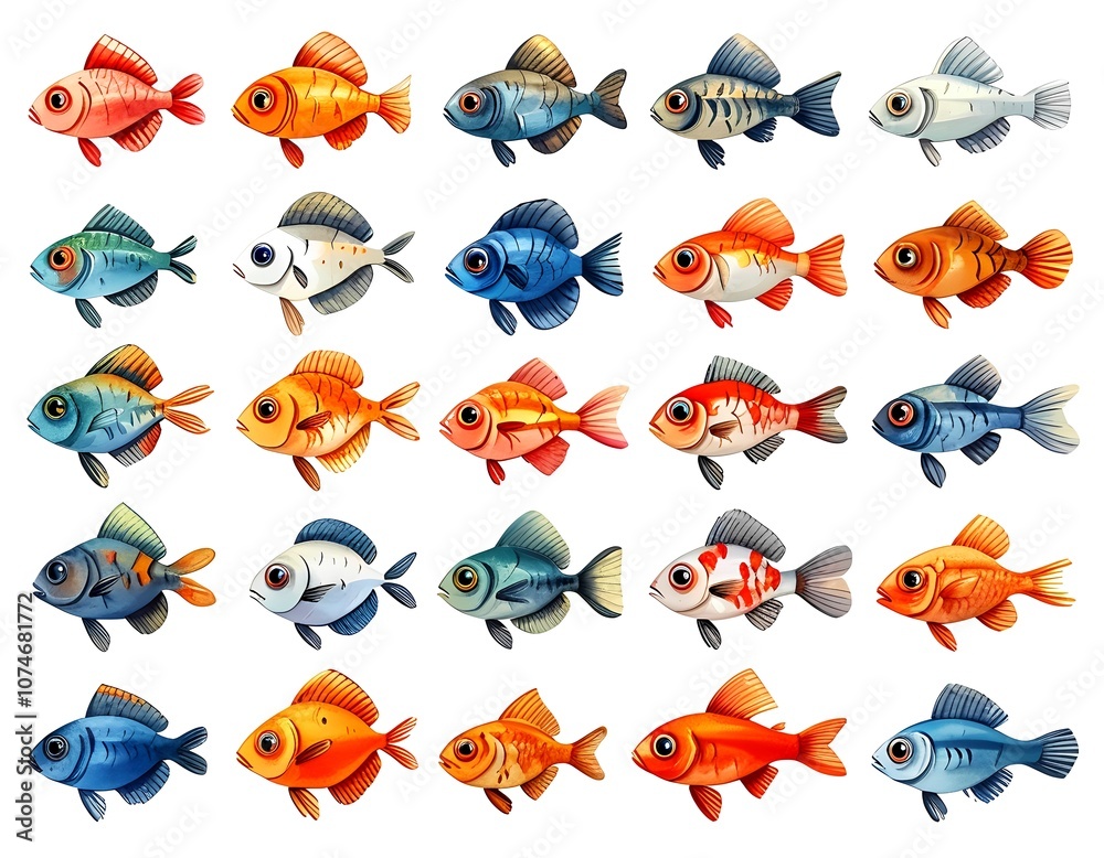 Fototapeta premium Colorful fish pattern in watercolor style