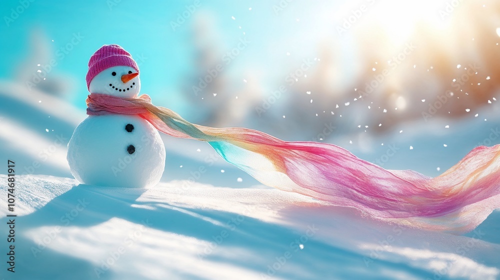 Obraz premium Snowman with a long colourful scarf and pink hat in the snow