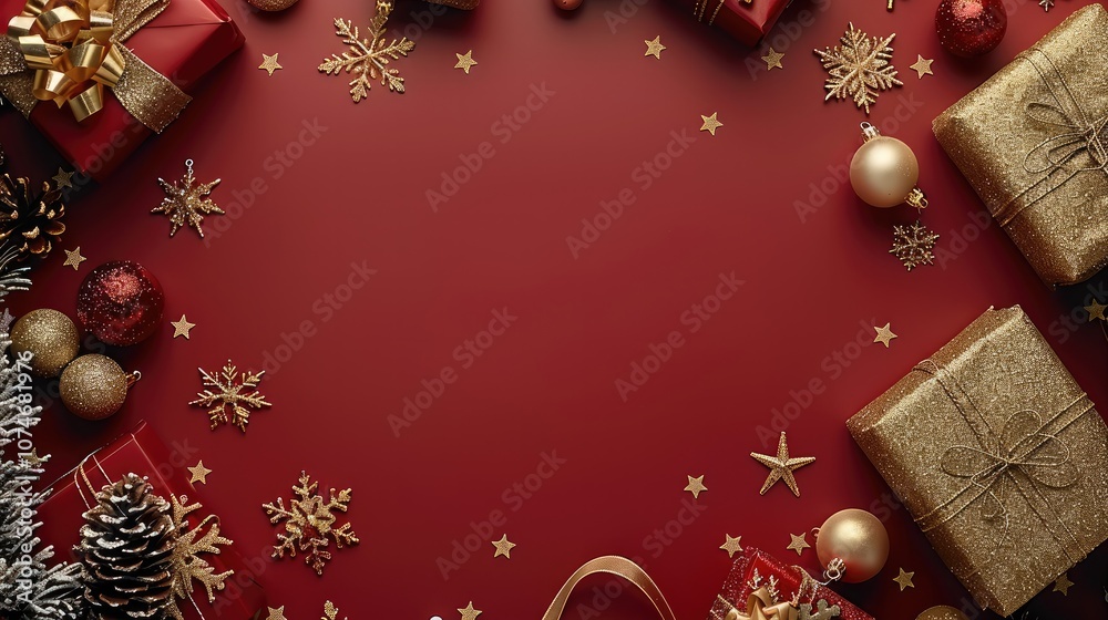 A red background with golden snowflakes and ribbons, gifts, Christmas balls, garlands and stars, vintage style, gift boxes and ribbons, joyful atmosphere.