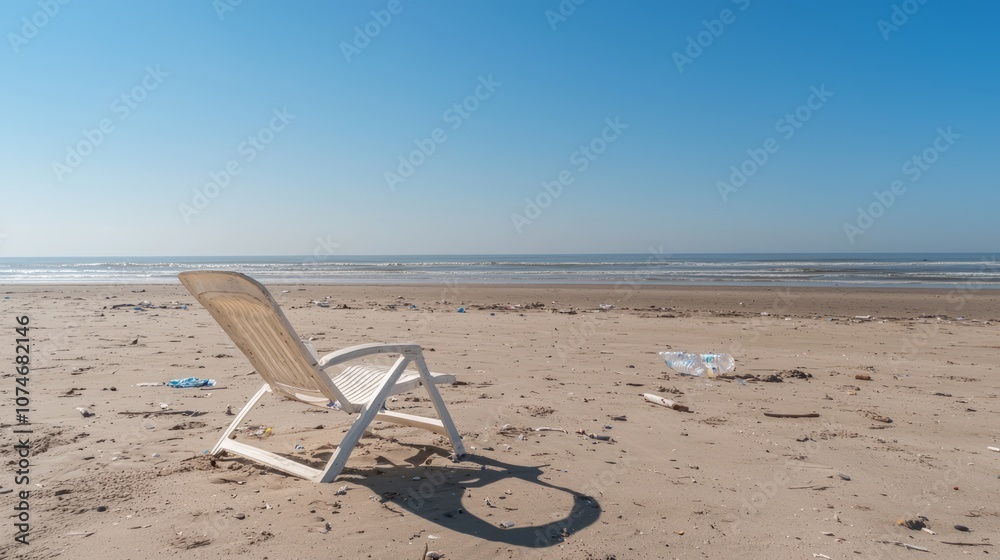 Economic Decline's Toll on Tourism: Panoramic Image of Deserted Beach with Abandoned Beach Chairs and Litter Economic Decline's Toll on Tourism: Panoramic Image of Deserted Beach with Abandoned Beach Chairs and Litter