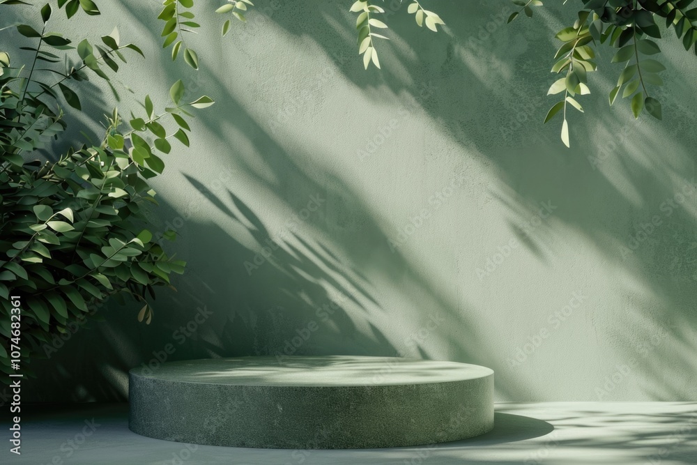 Small green pedestal with a green wall behind it. The pedestal is empty and the wall is covered in green leaves Small green pedestal with a green wall behind it. The pedestal is empty and the wall is covered in green leaves