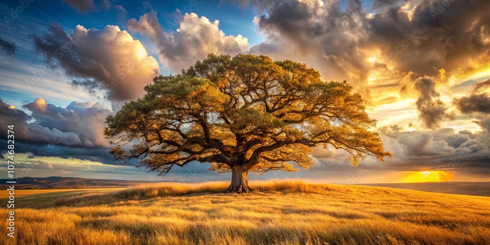 Fototapeta premium A solitary tree stands tall against a backdrop of vibrant golden clouds and a setting sun, casting long shadows across the grassy field.