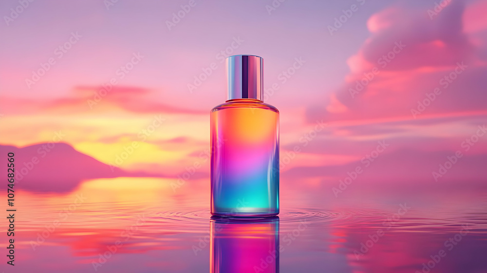 3D Render of Glass Bottle with Sunset Reflection on Water 3D Render of Glass Bottle with Sunset Reflection on Water