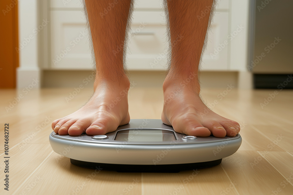 Fototapeta premium A person standing on digital scales to get their weight, showing the height of their feet and legs with a blurred background. The focus is clearly visible from t