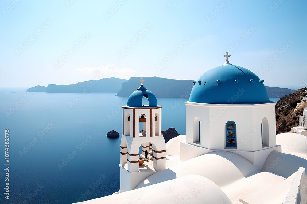 Naklejka premium beautiful santorini greece panoramic background, travel holliday summer wallpaper