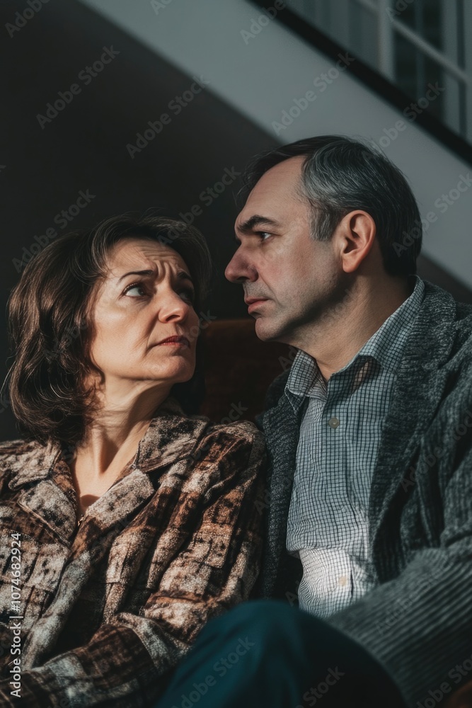 Man and woman are sitting on a couch, looking at each other. The man is wearing a gray jacket and the woman is wearing a brown shirt. Scene is one of intimacy and connection between the two people Man and woman are sitting on a couch, looking at each other. The man is wearing a gray jacket and the woman is wearing a brown shirt. Scene is one of intimacy and connection between the two people