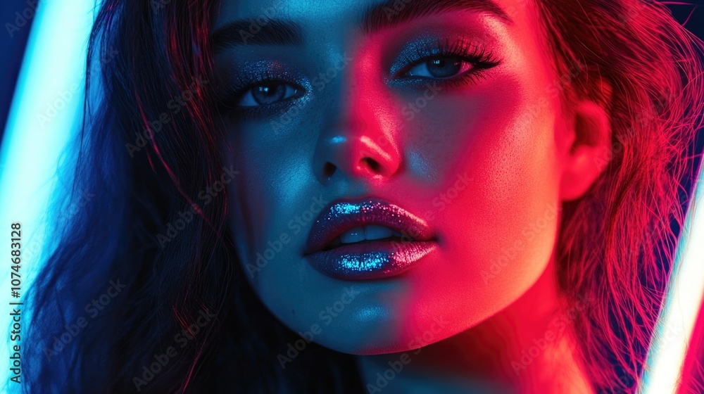 Young woman with bold makeup and glittery lips, looking ahead in vibrant red-toned lighting. Young woman with bold makeup and glittery lips, looking ahead in vibrant red-toned lighting.