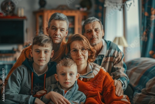 People of different ages huddled together on a couch, all wearing warm clothing, suggesting family bonding time during the winter season.