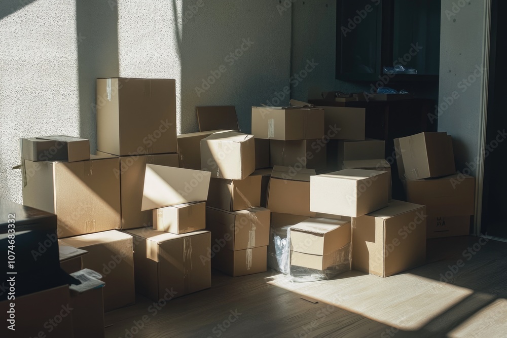 Many cardboard boxes stacked up, possibly from moving or storage purposes. Many cardboard boxes stacked up, possibly from moving or storage purposes.