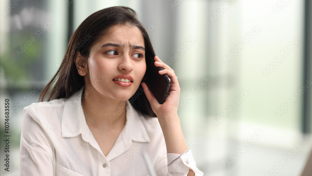Portrait of young business woman with glasses ofand talking on mobile phone Portrait of young business woman with glasses ofand talking on mobile phone