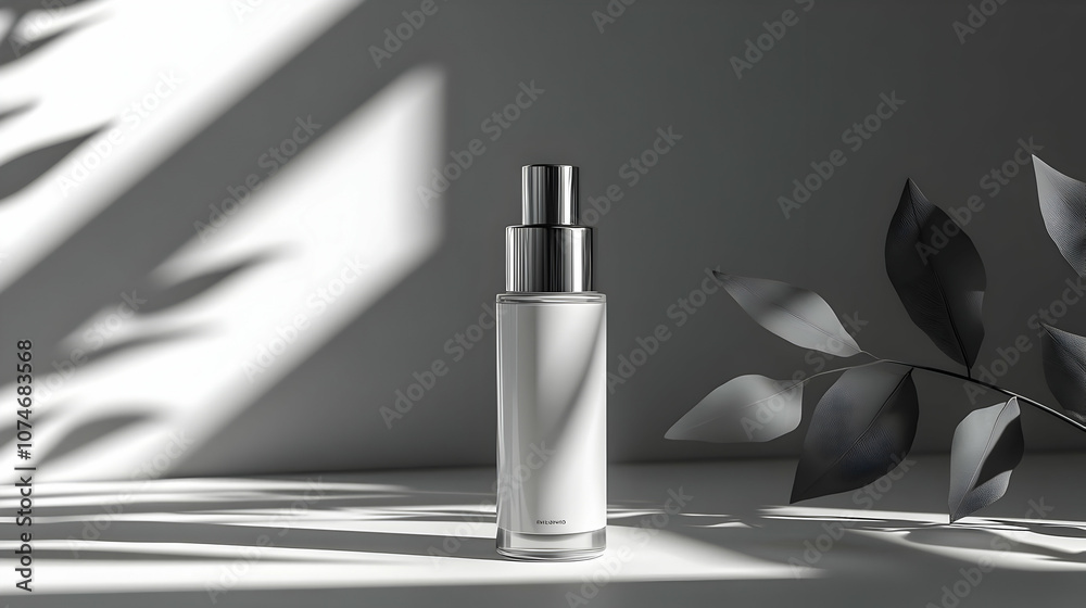 White Product Bottle with Silver Cap on White Background with Leaf Shadows - 3D Illustration