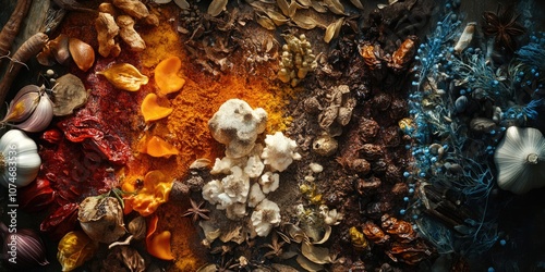 Colorful spices and painted seashells for sale or use. photo