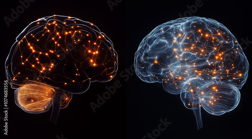 A side-by-side comparison of the human brain and artificial intelligence, highlighting their common structure but showing how AI technology has taken on new shapes with glowing cir photo