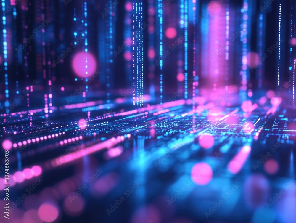 Cyber cityscape with neon lights and glowing circuitry. Illuminated binary code, cyberpunk atmosphere. Cyber cityscape with neon lights and glowing circuitry. Illuminated binary code, cyberpunk atmosphere.