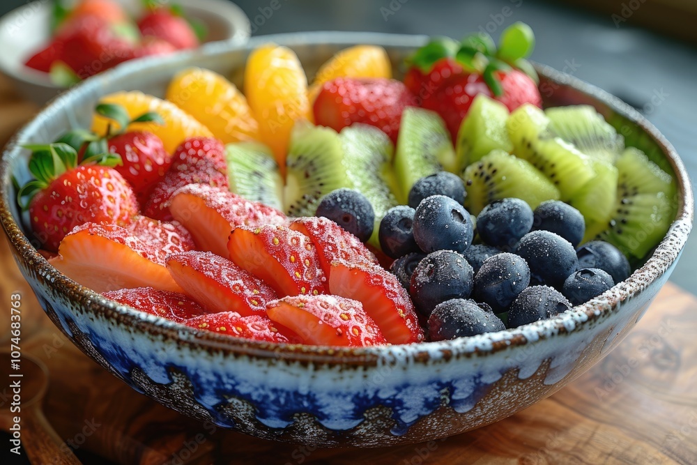 A Colorful Bowl of Fresh Fruit with Strawberries, Kiwi, Oranges, and Blueberries A Colorful Bowl of Fresh Fruit with Strawberries, Kiwi, Oranges, and Blueberries