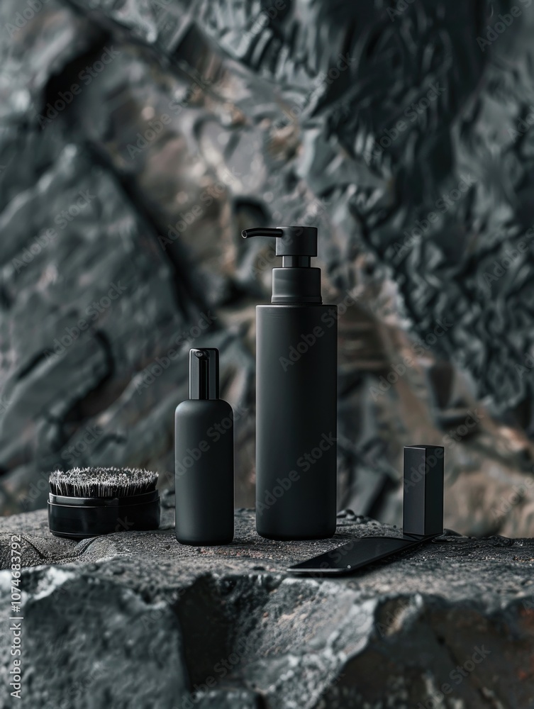 Three sleek black bottles of skincare products, set against a natural stone backdrop. Three sleek black bottles of skincare products, set against a natural stone backdrop.