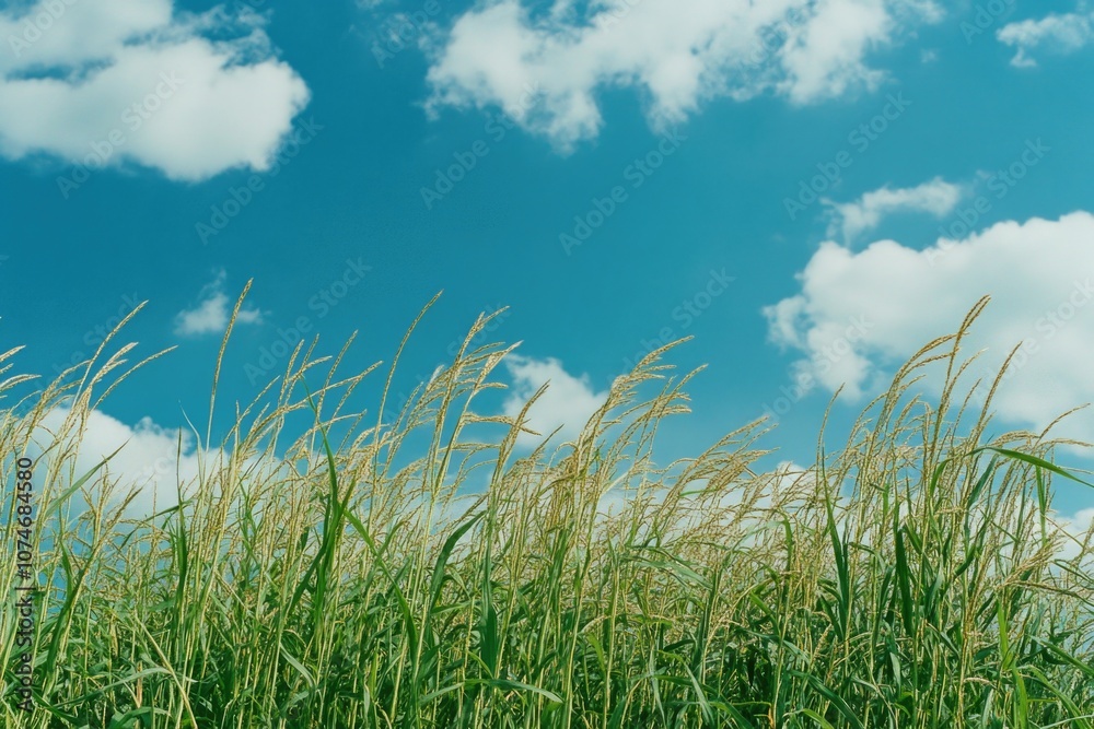 Pure green field with tall, swaying grass against a blue cloudy sky. Pure green field with tall, swaying grass against a blue cloudy sky.