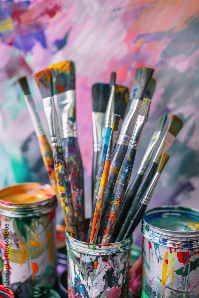 Bunch of paintbrushes are in a row, with some of them in jars. The jars are filled with different colors of paint, and the brushes are all different sizes and shapes Bunch of paintbrushes are in a row, with some of them in jars. The jars are filled with different colors of paint, and the brushes are all different sizes and shapes