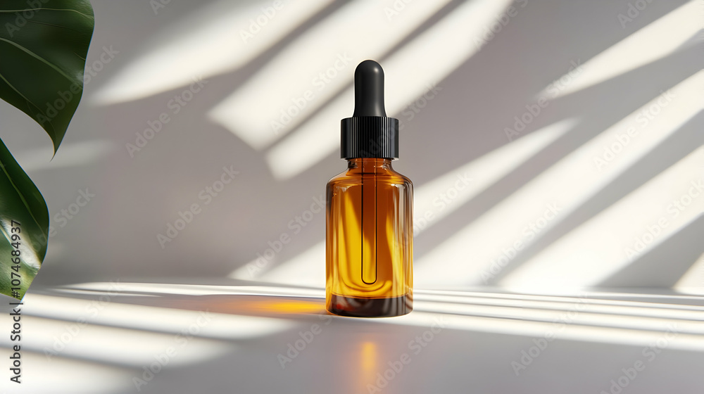 Glass Dropper Bottle with Sunlight and Leaf Shadows - 3D Illustration Glass Dropper Bottle with Sunlight and Leaf Shadows - 3D Illustration