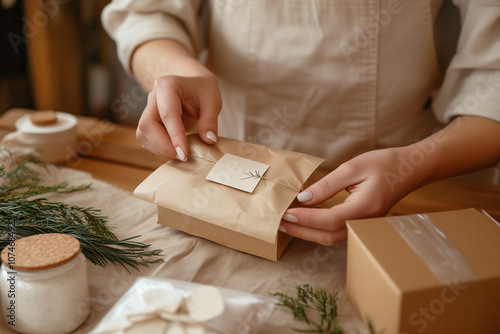 Hands Wrapping Eco-Friendly Gift with Kraft Paper and Minimalist Tag