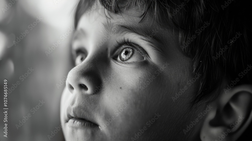A young boy with a pensive expression looking to the side, with light reflecting in his eyes. A young boy with a pensive expression looking to the side, with light reflecting in his eyes.